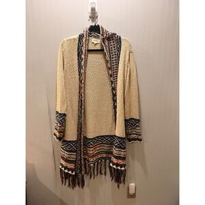Adora Womens Boho Southwestern Fringe Longline Knit Cardigan Cream M/L